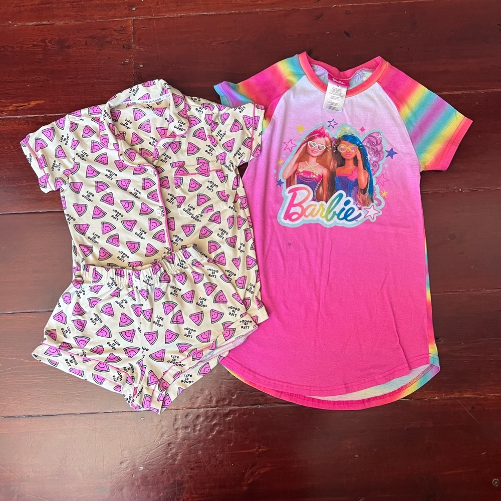 Life Is Good Kids Pajama Set and Barbie gown, girls size 6 Pink and Multicolor